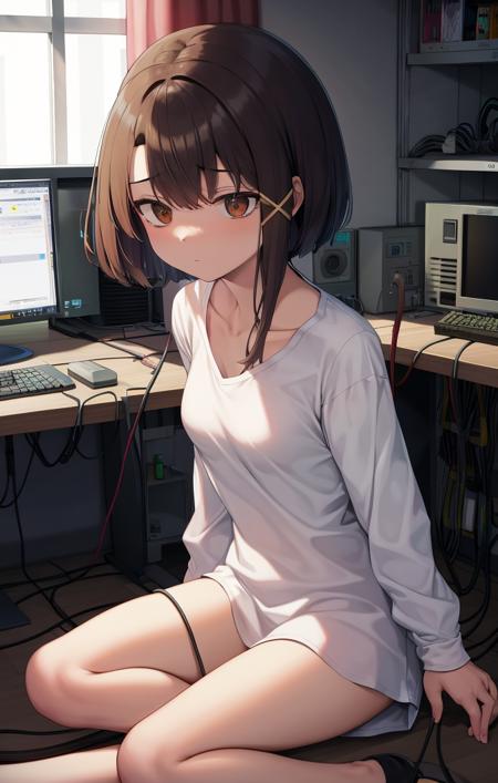 42289-1676901237-highres, detailed, indoors, sitting, computer monitors, wiring, cables, large white shirt, lain iwakura [serial experiments lain.png